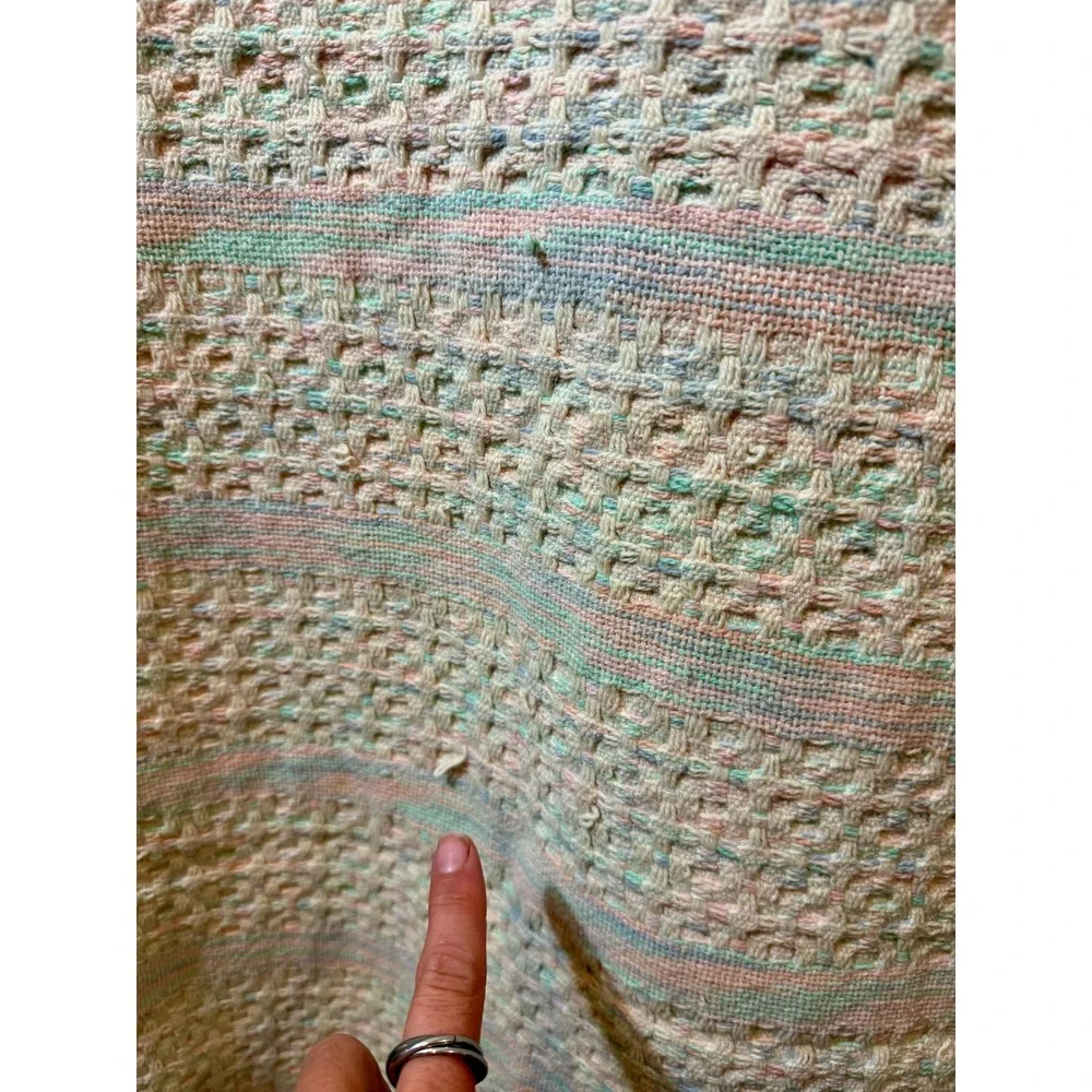 Vintage Beacon Cotton Thermal Blanket Pastel Multi Color Fringe Waffle Weave USA
